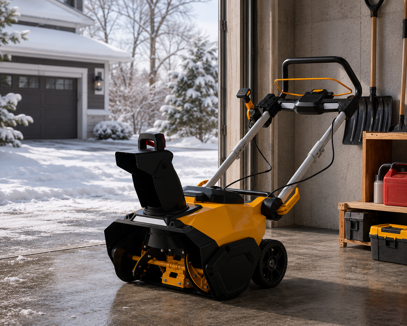 Ventra Boreas B13 cordless snow blower in a garage doorway